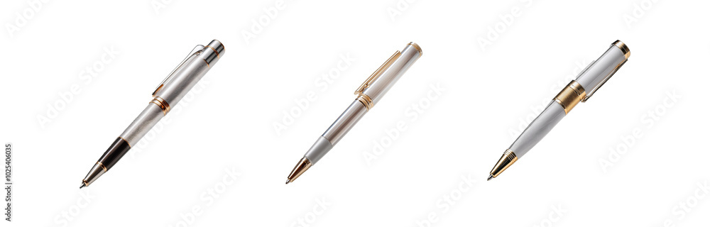 Three silver pens with gold accents are arranged on a white surface. Three silver pens with gold accents are arranged on a white surface.