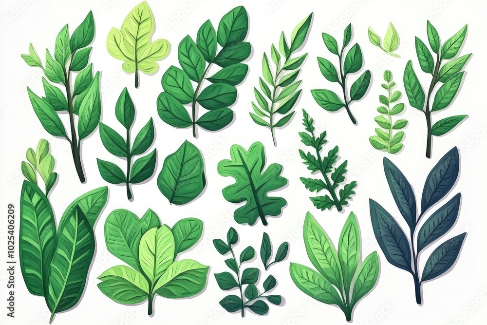 Isolated green leaves on a white backdrop, Green leaves isolated on a white background Isolated green leaves on a white backdrop, Green leaves isolated on a white background