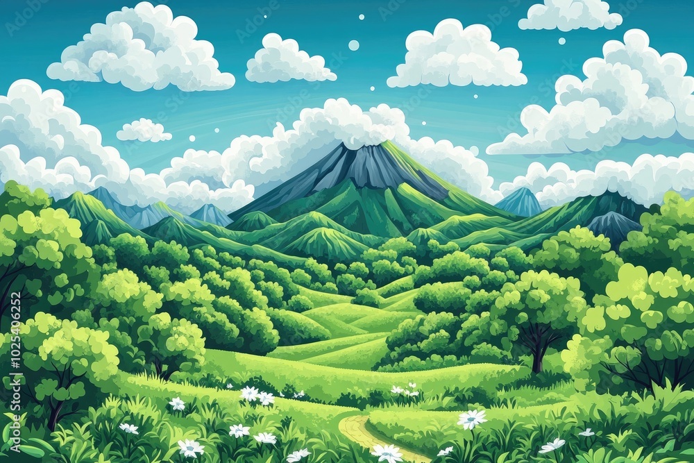 Obraz premium Scenic view of a national park with volcanic landscapes and lush greenery, showcasing nature's beauty and tranquility