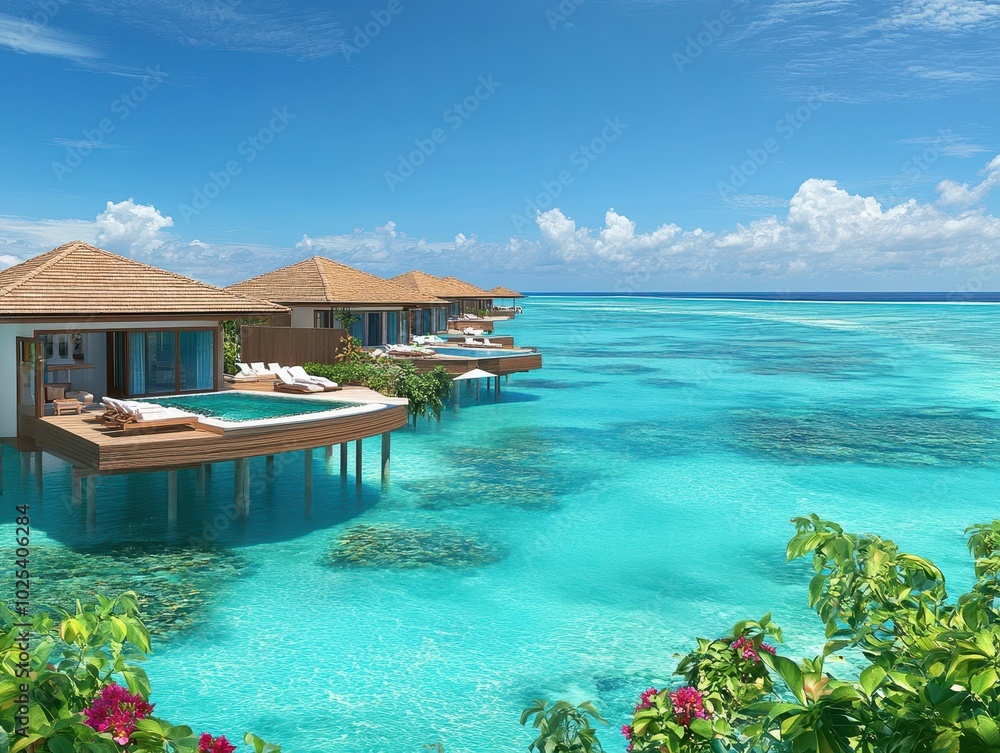 Fototapeta premium Overwater bungalows with private pools on a tropical island