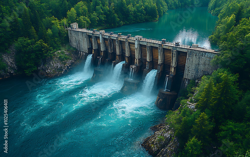 Aerial View of Hydroelectric Dam: Harnessing Water for Sustainable Energy