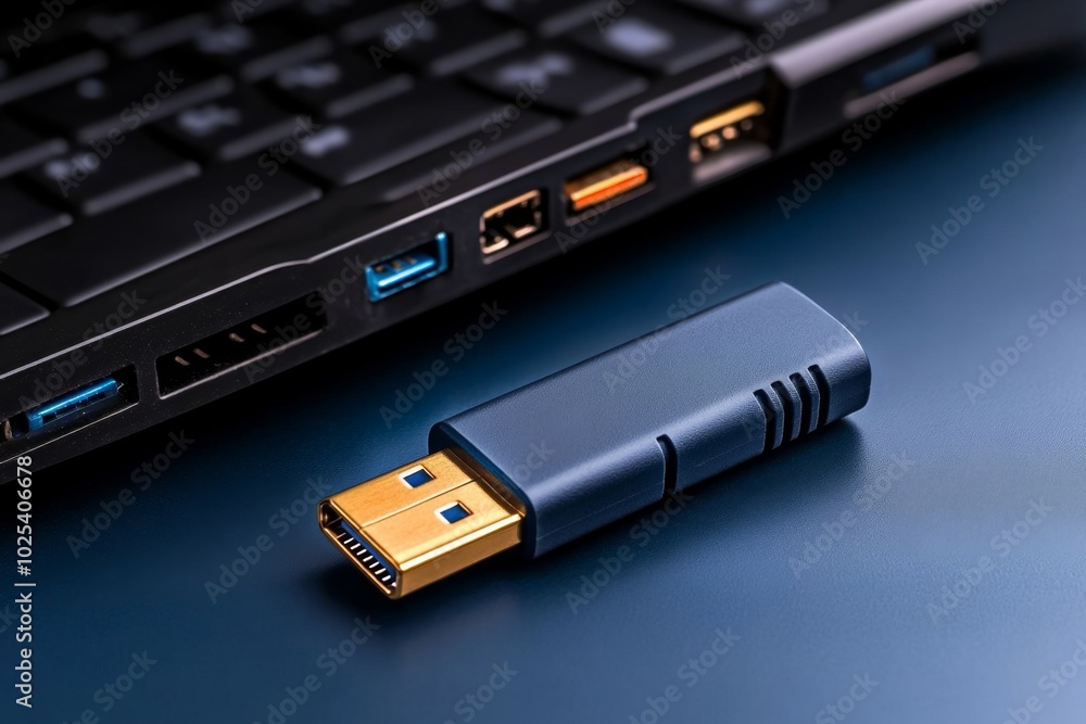 Hacker's tools, a single USB stick and a laptop, rest on a bare desk, symbolizing the minimal equipment needed for cyber warfare Hacker's tools, a single USB stick and a laptop, rest on a bare desk, symbolizing the minimal equipment needed for cyber warfare
