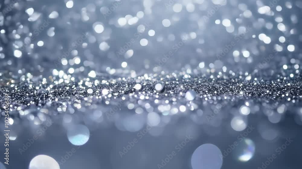 Silver glittering particles softly glowing on a shimmering surface, background, copy space for text Silver glittering particles softly glowing on a shimmering surface, background, copy space for text