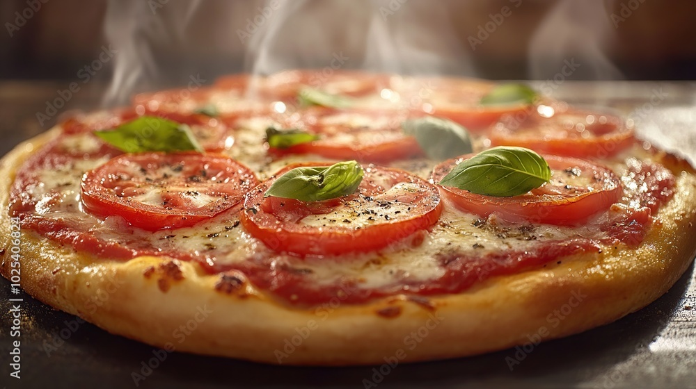 Freshly baked pizza with tomatoes and basil. Freshly baked pizza with tomatoes and basil.