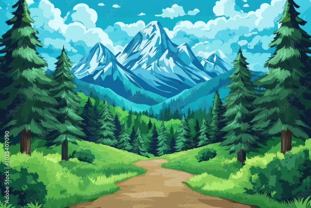 Lush green pine forest lining the path to a mountain station, Lush green pine forest along the trail to a mountain station Lush green pine forest lining the path to a mountain station, Lush green pine forest along the trail to a mountain station