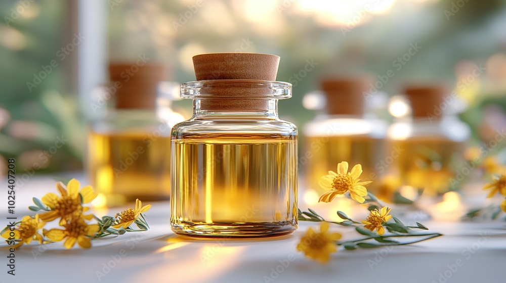 Glass bottles of oil surrounded by flowers. Glass bottles of oil surrounded by flowers.