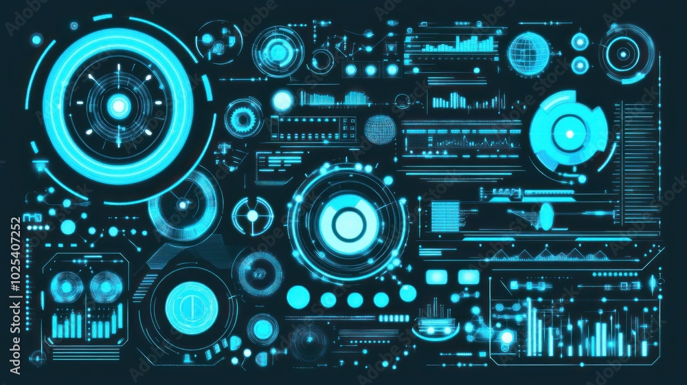 Futuristic Blue Digital Interface with Various Data Displays Futuristic Blue Digital Interface with Various Data Displays