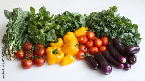 Various fresh vegetables spread out on white surface