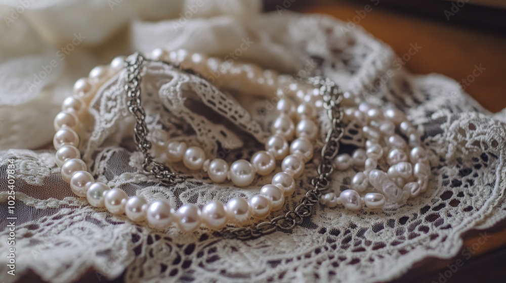 Obraz premium Elegant Pearl Necklace on Vintage Lace Background