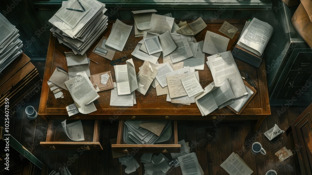 Chaotic Workspace with Papers and Books on Desk Chaotic Workspace with Papers and Books on Desk