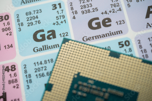 Ge (Germanium) Ga (Gallium) in the periodic table with CPU processor. US vs China chip war or tech war, microchip semiconductor industrial concept. China curbs on exports of rare germanium and gallium
