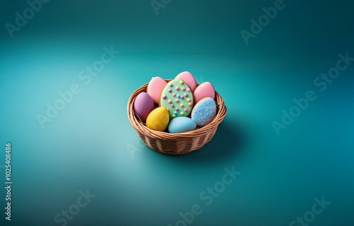 A wicker basket filled with colorful Easter eggs sits on a teal background.