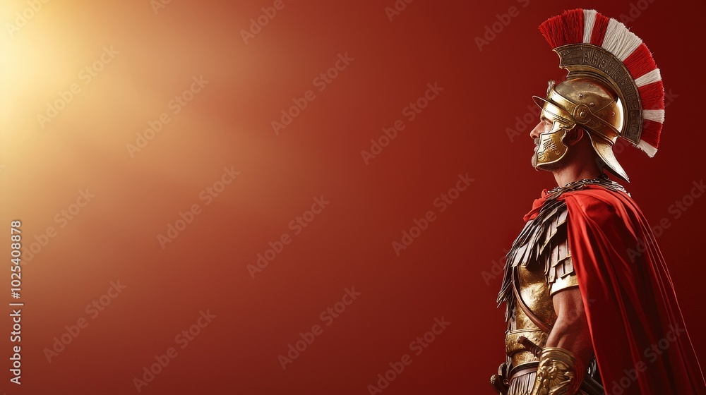 Obraz premium A striking portrait of a Roman soldier in ornate armor, set against a vivid red background. The soldier stands confidently, embodying strength and history.
