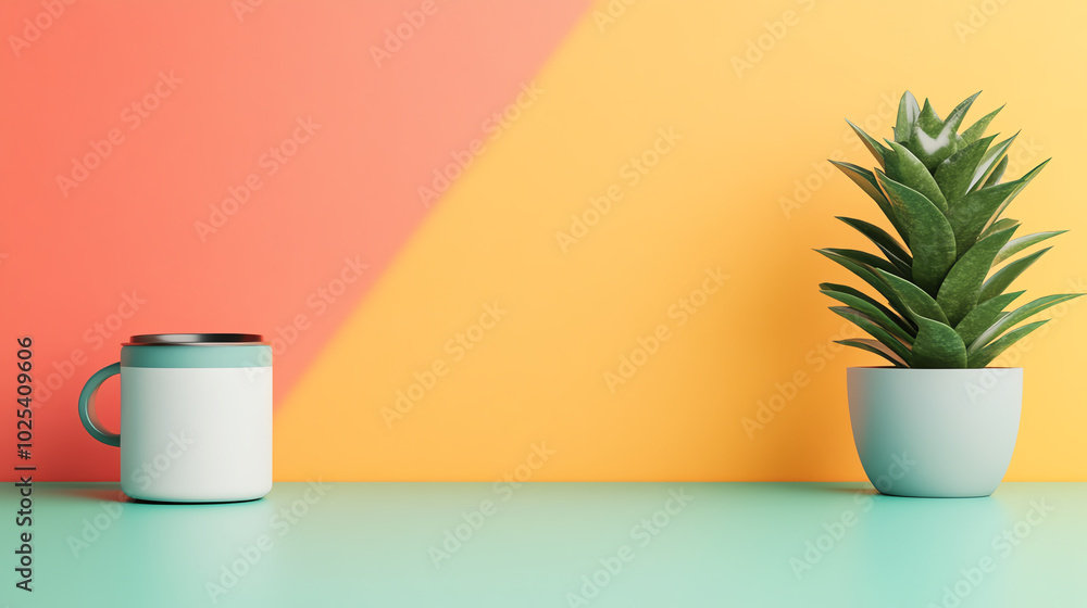 A modern scene featuring a stylish mug beside a potted plant against a vibrant, colorful background, perfect for home decor inspiration. A modern scene featuring a stylish mug beside a potted plant against a vibrant, colorful background, perfect for home decor inspiration.