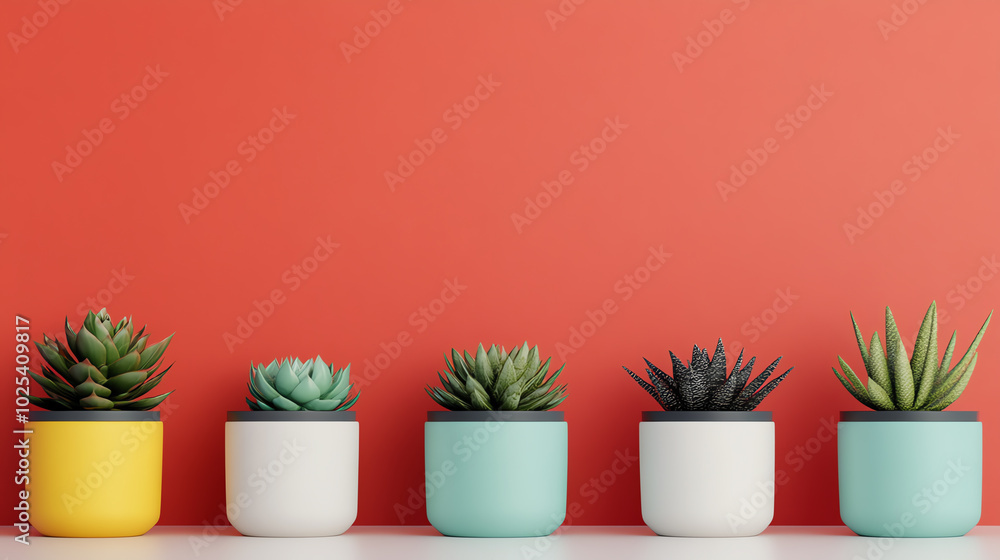 A row of colorful potted succulents against a vibrant red wall, showcasing a modern and stylish indoor plant arrangement. A row of colorful potted succulents against a vibrant red wall, showcasing a modern and stylish indoor plant arrangement.