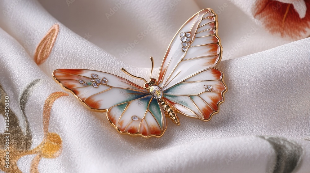 Delicate Butterfly Brooch on Soft Fabric Background Delicate Butterfly Brooch on Soft Fabric Background