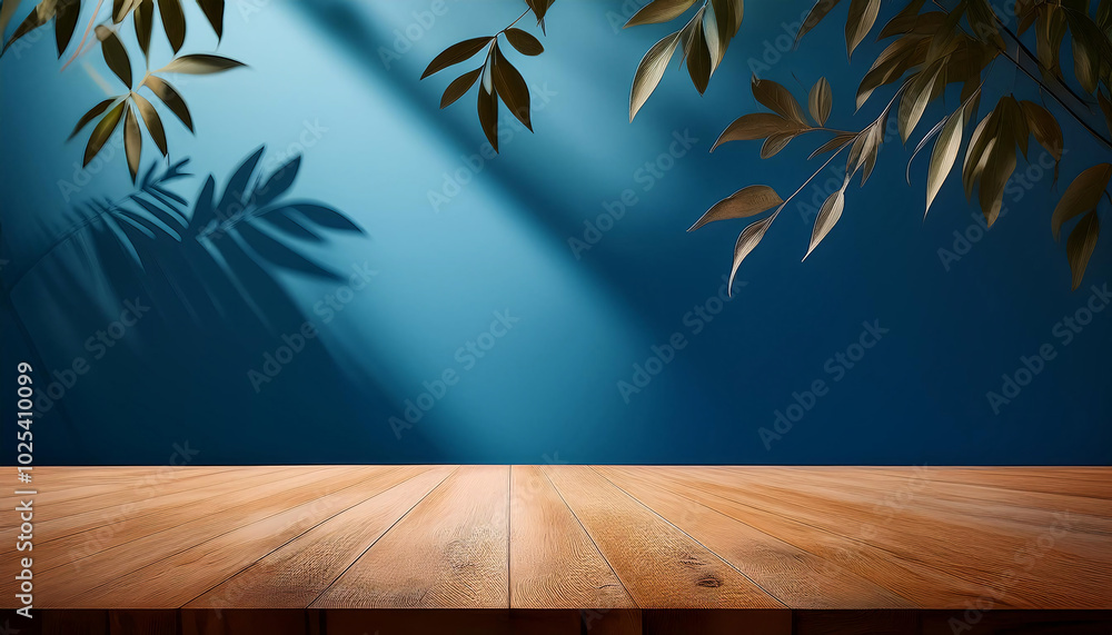 A wooden table against a deep blue wall, with a branch of green leaves casting a shadow. Generative AI A wooden table against a deep blue wall, with a branch of green leaves casting a shadow. Generative AI