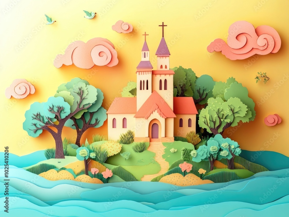 Cathedral of the Holy Cross situated on a scenic island, surrounded by a beautiful lake, Scenic island cathedral surrounded by beautiful lake Cathedral of the Holy Cross situated on a scenic island, surrounded by a beautiful lake, Scenic island cathedral surrounded by beautiful lake
