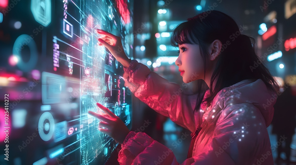 Asian girl pressing on digital screen futuristic technology. Asian girl pressing on digital screen futuristic technology.