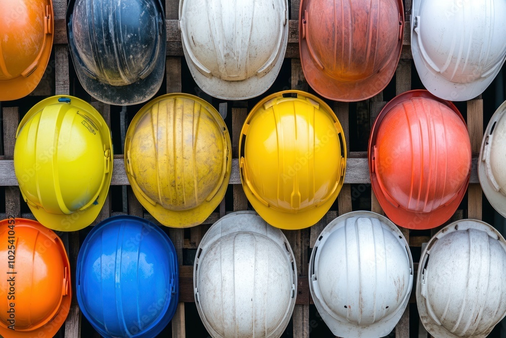 Colorful Hard Hats Displayed in Vibrant Arrangement Colorful Hard Hats Displayed in Vibrant Arrangement