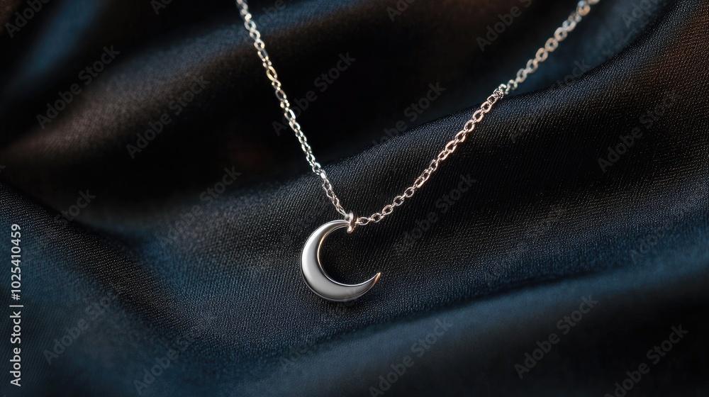 Silver Crescent Moon Pendant on Dark Fabric Silver Crescent Moon Pendant on Dark Fabric