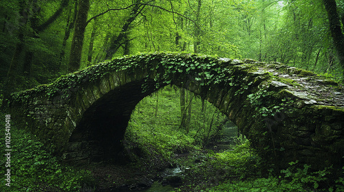 Weathered stone bridge overgrown with ivy in forest