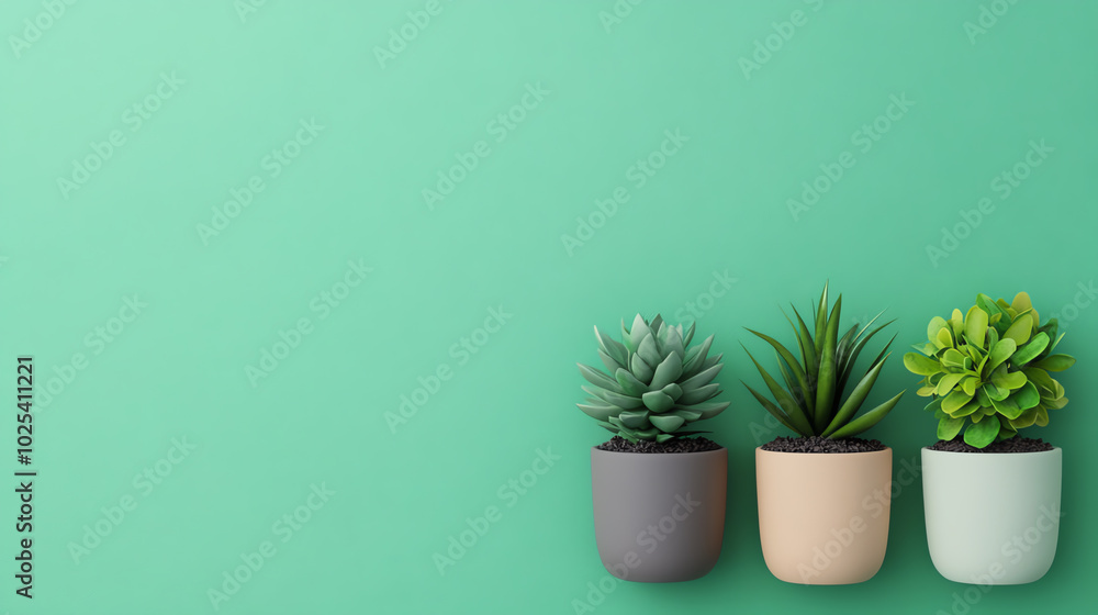 Three stylish pots with various succulent plants against a soft mint green background, perfect for modern decor and indoor gardening enthusiasts. Three stylish pots with various succulent plants against a soft mint green background, perfect for modern decor and indoor gardening enthusiasts.
