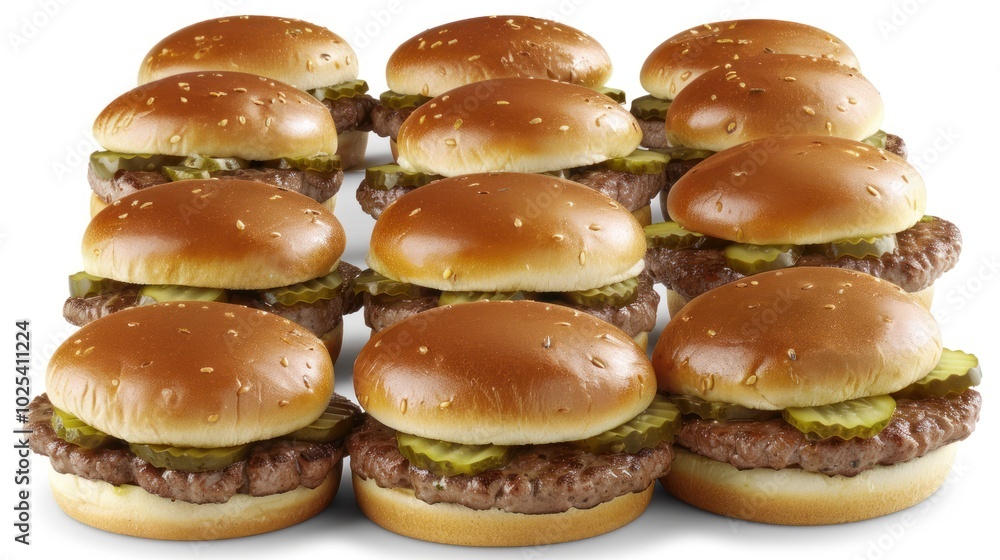 A Dozen Deliciously Crafted Hamburgers with Pickles A Dozen Deliciously Crafted Hamburgers with Pickles
