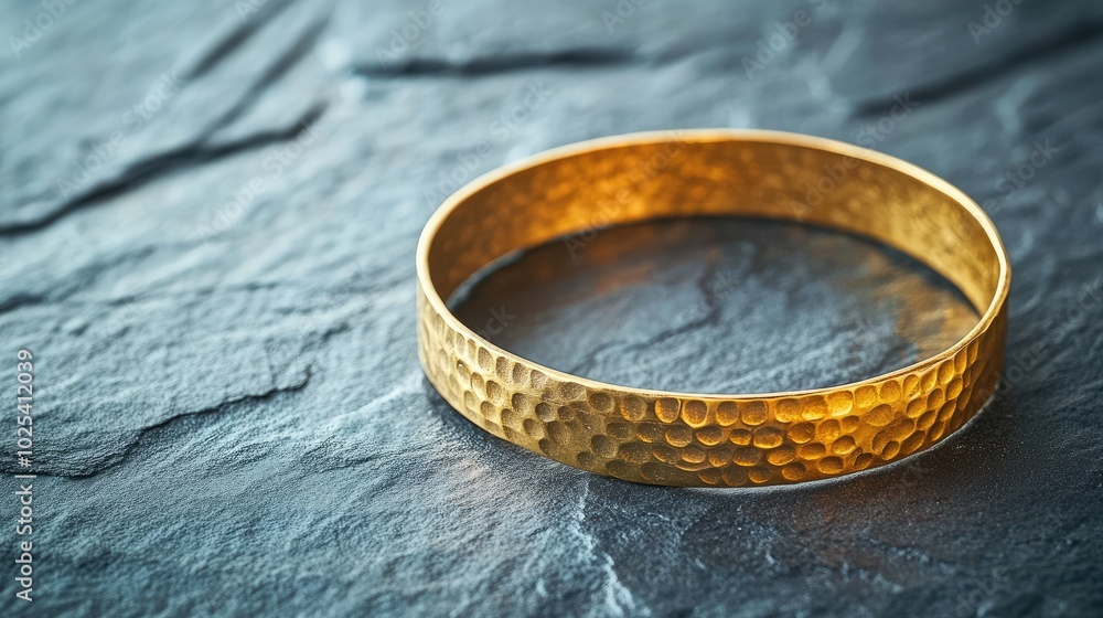 Elegant Hammered Gold Bracelet on Slate Background Elegant Hammered Gold Bracelet on Slate Background