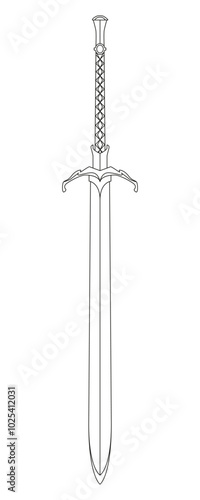 Sword line art. Ancient Longsword. Saber. Blade Tattoo. Vector illustration isolated on white background.