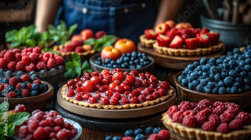 Delicious Array of Vibrant Fruit Tarts and Fresh Berries on Rustic Wooden Table