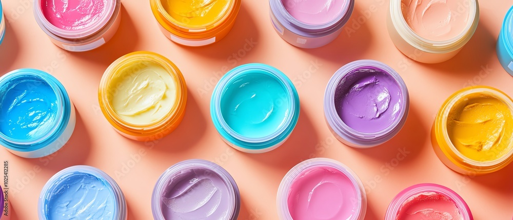 Circular pattern of summer skincare plastic containers and tubes, showcasing a variety of colors with a spacious center for creative text or branding Circular pattern of summer skincare plastic containers and tubes, showcasing a variety of colors with a spacious center for creative text or branding