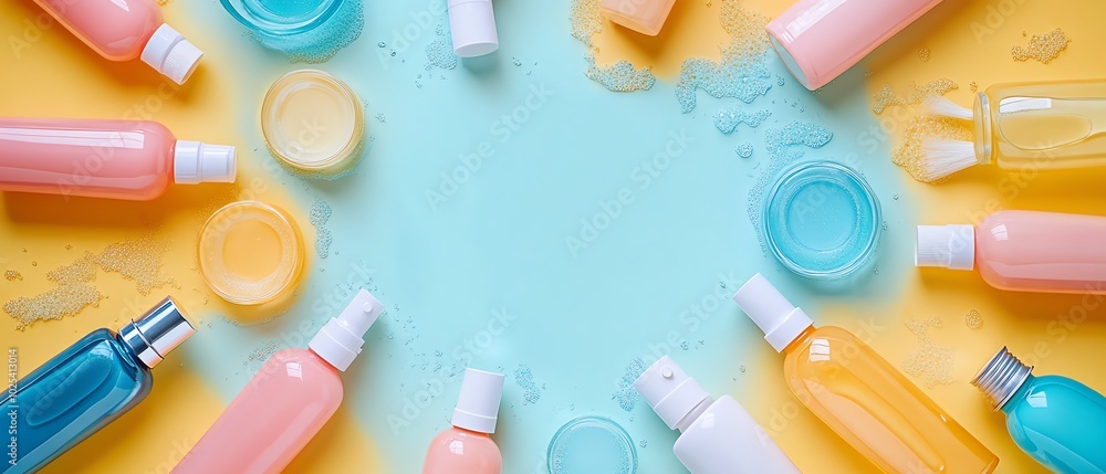 Summer skincare circle arrangement of skincare products in plastic bottles and tubes, designed to highlight empty copy space in the center for promotional use Summer skincare circle arrangement of skincare products in plastic bottles and tubes, designed to highlight empty copy space in the center for promotional use