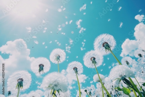 Vibrant Dandelion Seeds Drifting Under Blue Sky