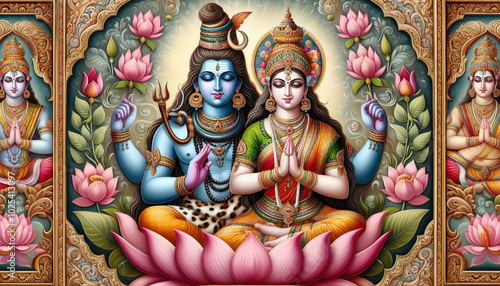 Hindu religious god Shiva or shiv with goddess Parvati illustration with lotus flowers