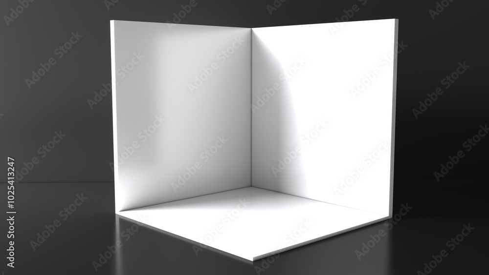 3D exhibition booth. Showroom. Square corner. Empty geometric square. Blank box template. White blank exhibition stand. Presentation event room.
3D exhibition booth. Showroom. Square corner. Empty geometric square. Blank box template. White blank exhibition stand. Presentation event room.