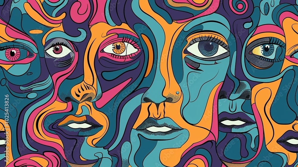 Fototapeta Seventies Psychedelia Cartoon Faces – Abstract Background Design
