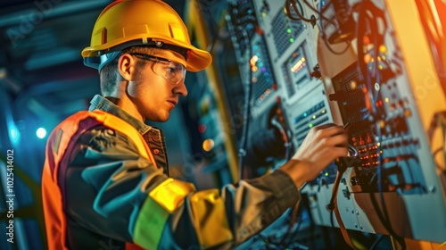 A Construction Worker Wearing Safety Gear and Working on a Control Panel