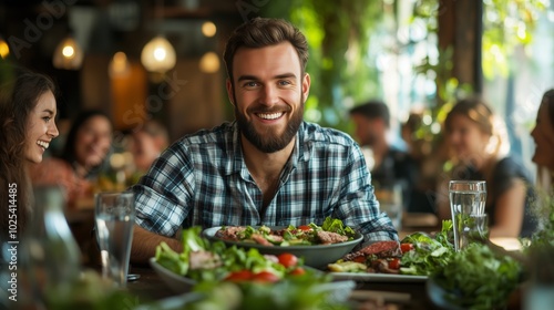 A group of smiling people are sitting at an organic dining table, enjoying delicious food made from fresh vegetables and meat with glasses of water on the side