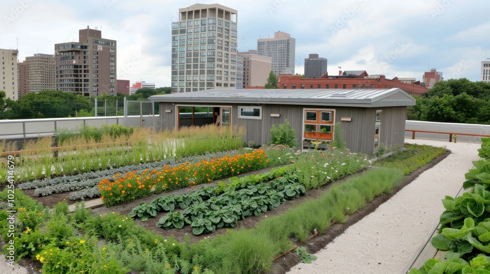 Rooftop Garden with Urban Skyline and Small Building Rooftop Garden with Urban Skyline and Small Building