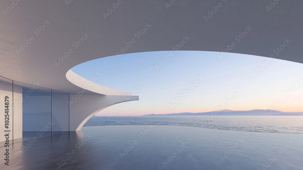 Advertising background:Serene Dawn Sky Reflecting on Minimalist White Wall Surface with Calm Sea Below Advertising background:Serene Dawn Sky Reflecting on Minimalist White Wall Surface with Calm Sea Below