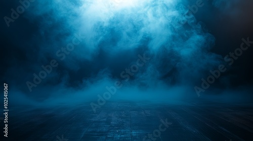 Abstract background of blue color with dark gradient, smoky and smoke on the floor