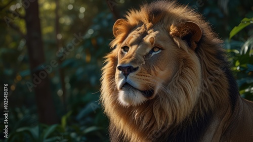 A majestic lion with a golden mane stares intensely into the distance, bathed in warm sunlight, surrounded by lush greenery.