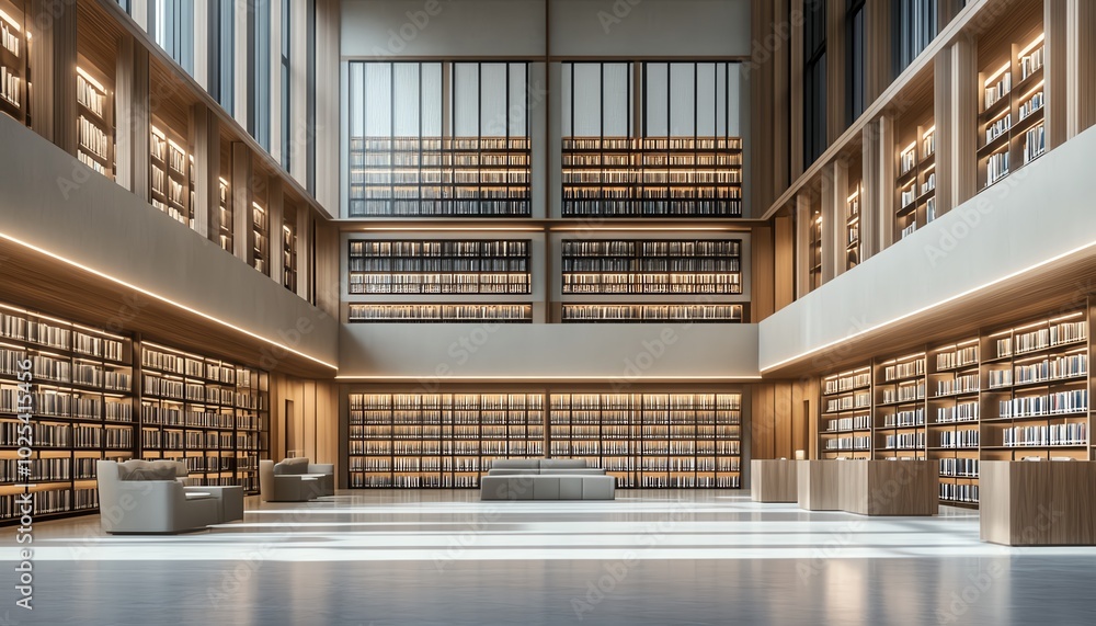 Contemporary public library interior with an open gallery area, empty walls for exhibits, stylish lighting, and organized reading spaces, 3D rendering Contemporary public library interior with an open gallery area, empty walls for exhibits, stylish lighting, and organized reading spaces, 3D rendering