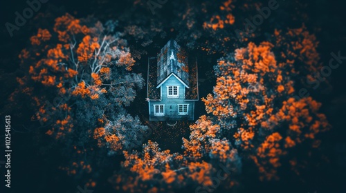 Aerial View of a House Surrounded by Autumn Trees