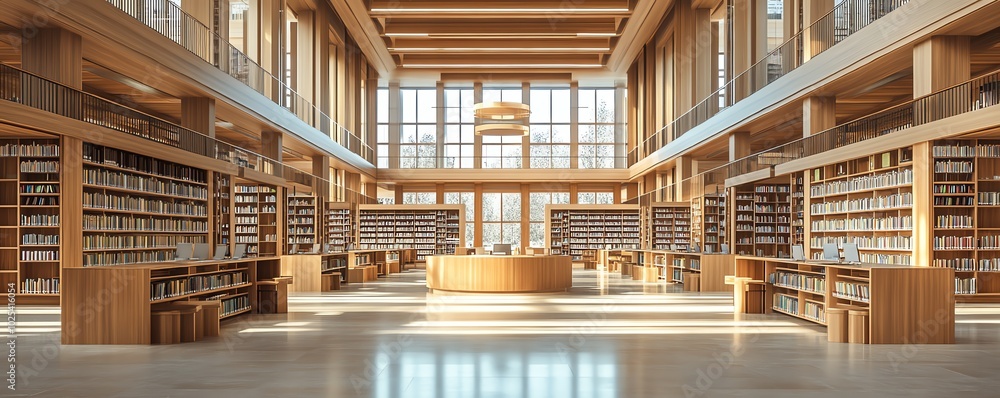 Fototapeta premium Hightech public library design, open layout with clean blank walls for customized art, modern workstations, and natural materials throughout, 3D rendering