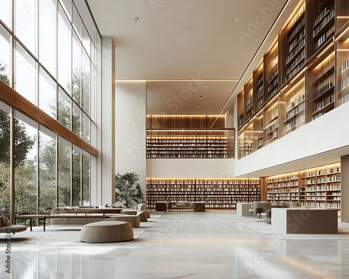 Minimalist public library with neutral color tones, blank wall space for community events or art, long study tables, and large ceilingtofloor windows, 3D rendering photo