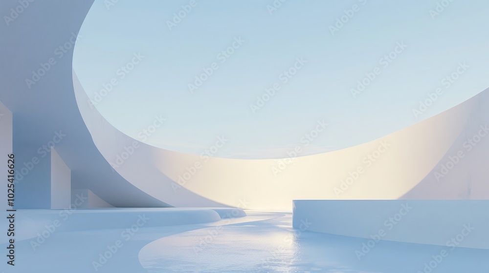 Advertising background:Serene Dawn Sky Reflecting on Minimalist White Wall Surface with Calm Sea Below Advertising background:Serene Dawn Sky Reflecting on Minimalist White Wall Surface with Calm Sea Below