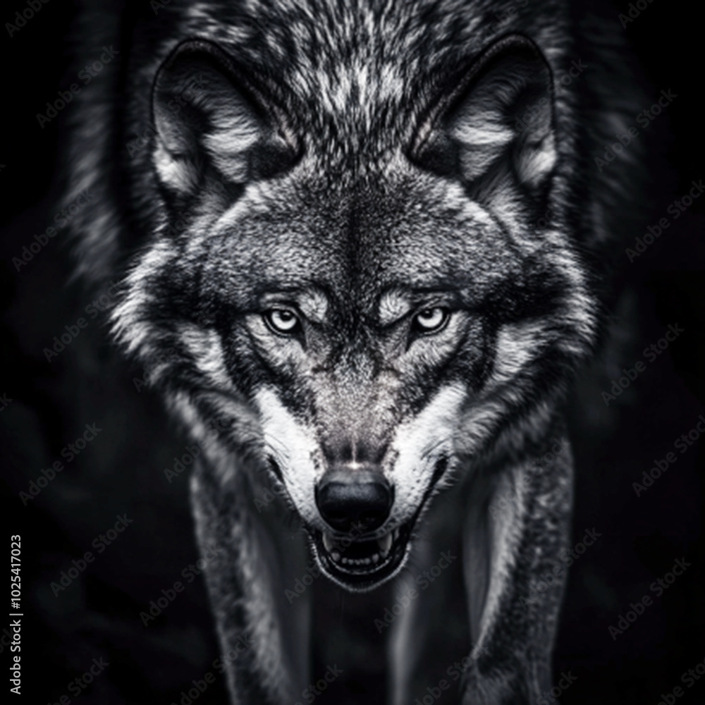 Intense Gray Wolf Stalking Forward in Dark Forest, Fierce and Focused Predator with Piercing Eyes Intense Gray Wolf Stalking Forward in Dark Forest, Fierce and Focused Predator with Piercing Eyes