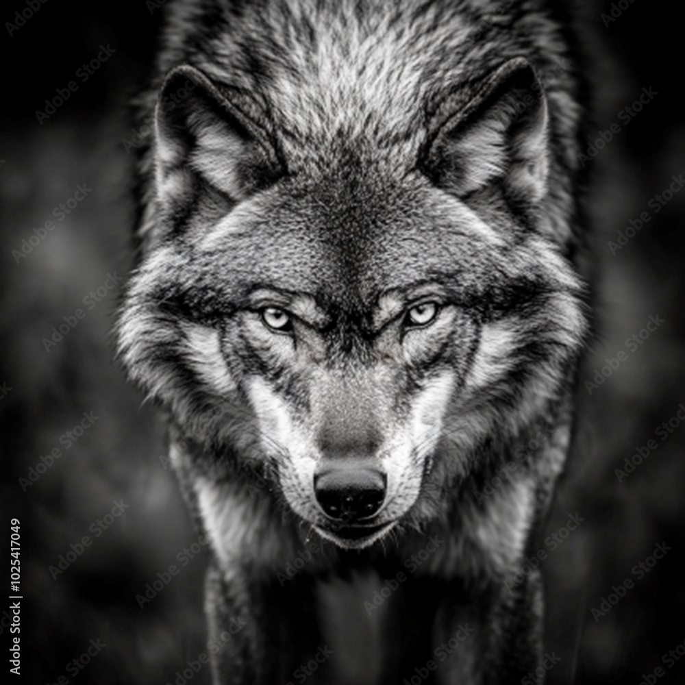 Fototapeta premium Intense Gray Wolf Stalking Forward in Dark Forest, Fierce and Focused Predator with Piercing Eyes